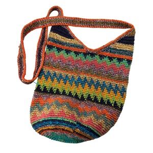 Boho Crochet Shoulder Bag Colorful Zigzag Pattern Shoulder Strap Zipper Closure